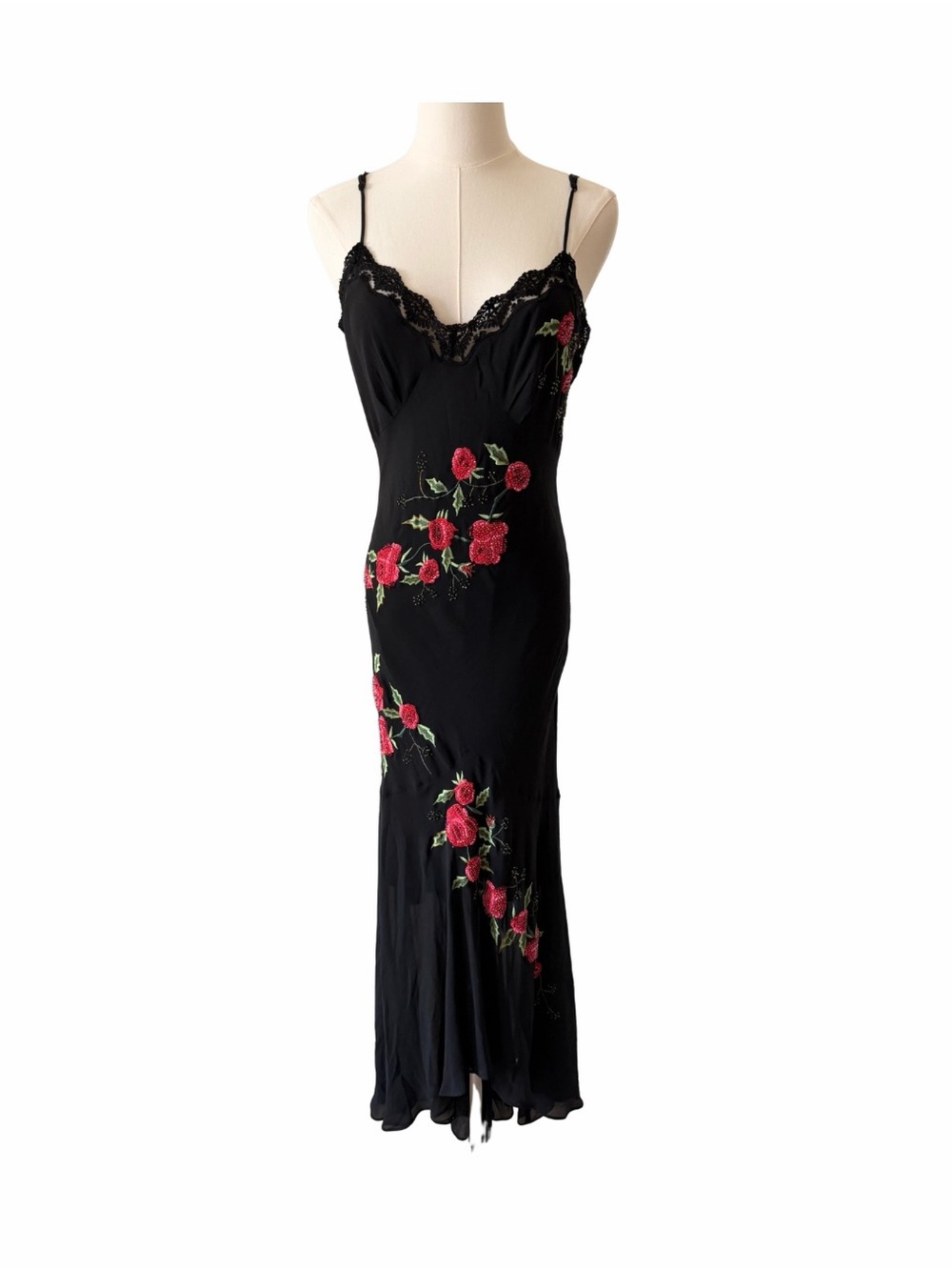 Vintage Sue Wong 100% Silk Black Bias Cut Dress w/ Beaded Rose Embroidery Sz XS